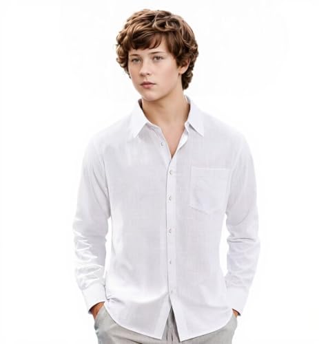 Boys Linen Shirt Kids Lightweight Summer Beach Long Sleeve Button-Down Shirts with Pocket Teens Vacation Casual Tops