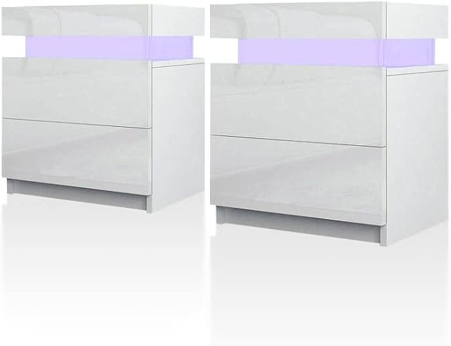 TUKAILAi Set of 2 White Bedside Table with 2 Drawers Modern Bedside Cabinet Nightstand with LED Lights for Bedroom Living Room Furniture