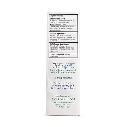 Image of Vitanica Yeast Arrest, Homeopathic Vaginal Suppositories, for Yeast Infection Symptoms, Relieves Burning, Itching & Discharge, with Boric Acid, Tea Tree Oil & Probiotics, Vegan (Yeast Arrest Pro Logo, 28)