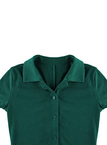 Lilycoco Women's Ruched Button Front Collar Bodycon Romper Short Sleeve One Piece Summer Playsuit Dark Green Small #TOP4