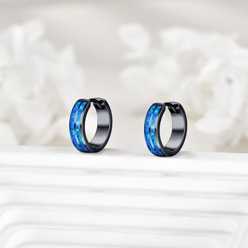 Black Hoop Earrings for Men Sterling Silver Blue Opal/Turquoise/Malachite Huggie Hoops Earrings Jewelry Gift for Men3