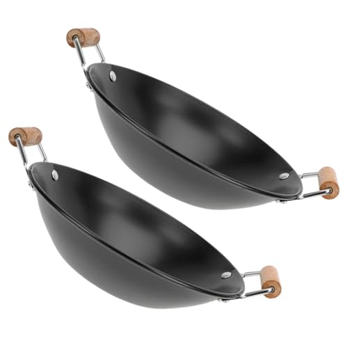 PRETYZOOM 2piezas Wok De Doble Mango De Madera Sartén Profunda De Metal Utensilios De Cocina De Uso Diario Para Hogar y Restaurantes