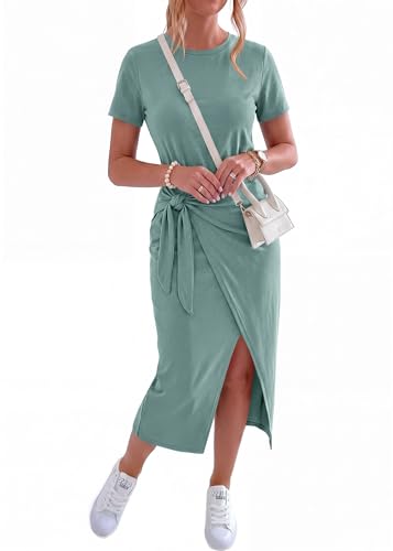 Image of NOLLSOM Women Casual Sleeveless Striped Tank Midi Dresses Halter Neck Ruched Bodycon Dresses Tie Waist T Shirt Summer Dress