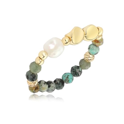 SIXFOX Beaded Rings for Women Stretch Natural Freshwater Pearl Ring Trendy Anxiety Beads Rings Adjustable Elastic Boho Jewelry Gift for Her