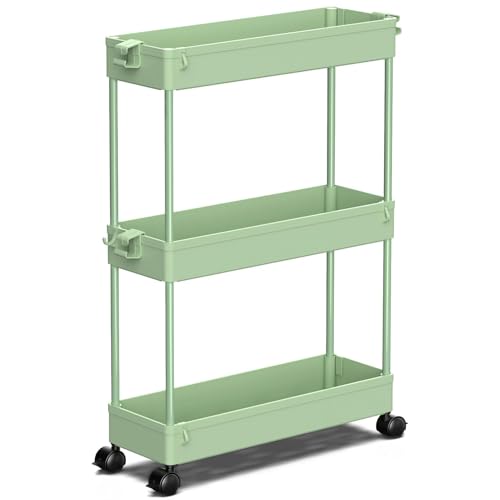 Image of SPACEKEEPER Slim Rolling Storage Cart, 3 Tier Bathroom Organizer Utility Cart Laundry Room Organization Mobile Shelving Unit for Kitchen, Bathroom, Office, Bedroom, Narrow Places, Green