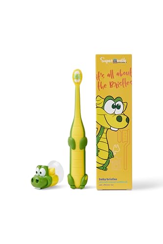 SuperMouth Toddler Ultra Soft Kids Toothbrush – Gentle Bristles for Baby & Toddler Teeth, Superhero Design, Suction Cup Stand, Ages 0-5, Augmented Reality Sticker for Interactive Brushing Fun