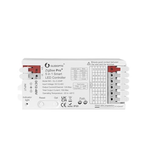 GLEDOPTO LED Controller ZigBee3.0 Pro 5 Modi in 1 RGBCCT RGBW RGB CCT Dimmer DC 12-48V 15A Max PWM Dimming LED Strip Alexa Tuya
