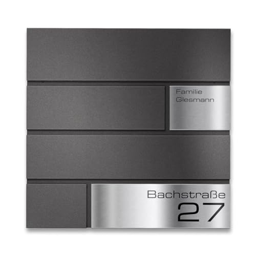 Metzler Briefkasten in grau Modell G - Pulverbeschichtung in DB 703 Eisenglimmer - Postkasten mit Gravur und Edelstahl Namensschild - Zur Wand-Montage - Größe: 37 x 37 x 10,5 cm