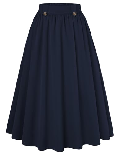 Belle Poque Women Retro Swing Skirt Midi Length A Line Skirts for Teacher Spring Summer Fall Trendy Navy Blue S