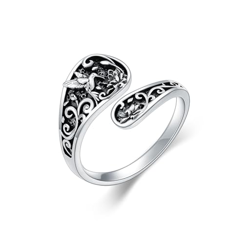 Image of Bee /Butterfly /Mustard Seed /Hummingbird /Cat /Rainbow Adjustable Ring for Women 925 Sterling Silver Spoon Rings for Women Size Fits Most People