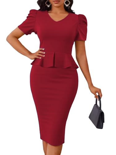 Mokayee Womens Summer Puff Sleeve V Neck Peplum Church Business Work Pencil Dresses - Main Image