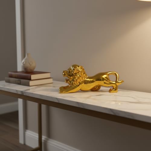 Image of HindCraft Golden Lion Showpiece for Home Decor | Feng Shui Lion Statue for Wealth, Success & Office Table Decoration