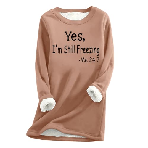 Sudaderas con forro polar para mujer, camisetas de manga larga con estampado elegante, cómodas, cálidas, cuello redondo, suéteres térmicos de invierno para ropa de descanso casual para salir, caqui, L