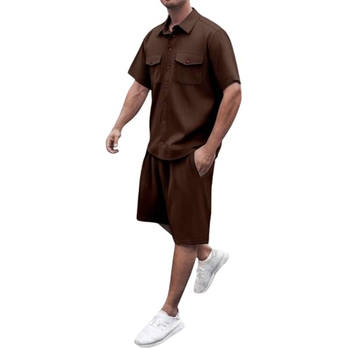 Generico Conjunto de 2 piezas para hombre de terciopelo: camisa cargo + pantalones cortos para estilo retro y streetwear, O Marrón, S