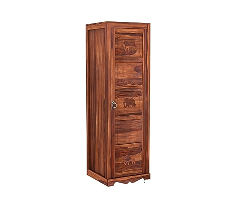Image of Sheesham Wood Wooden Single Door Wardrobe Organizer for Clothes | - Solid Wood Almirah with 1 Drawers, 3 Shelves with Hanging Space - Cupboard for Large Bedroom (Design 25)