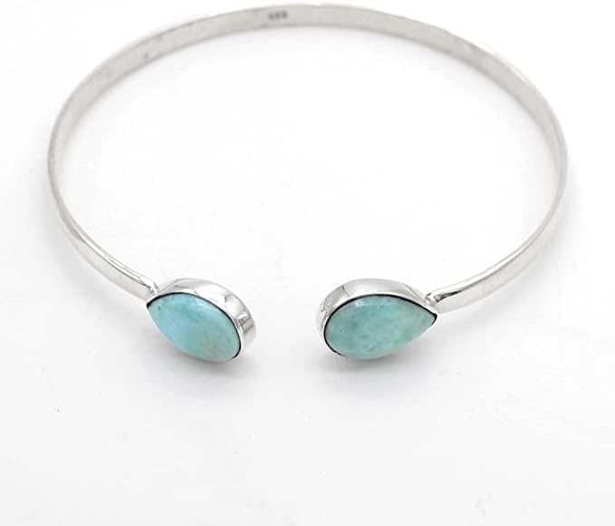 Miniatura 2 de Brazalete Larimar, plata 925 hecho a mano, brazalete de puño, brazalete azul doble piedra pulsera mujer joyería, por TEJIKA, Plata Esterlina, larimar
