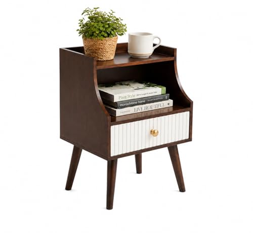 Image of ETIQUETTE ART Modern Fluted Nightstand with Drawer and Open Storage Shelf, Bedside Table with Round Edge, Boho Night Stand with Solid Wood Legs & Knob Handle End Table for Bedroom (Brown & White)