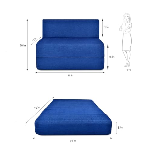 Image of Foldable One Seater Sofa Bed 3 x 6 Ft Velvet Fabric Washable Cover Convertible Sofa Bed for Home & Office Guest Room (Finish Color - Blue - Pre-Assembled)