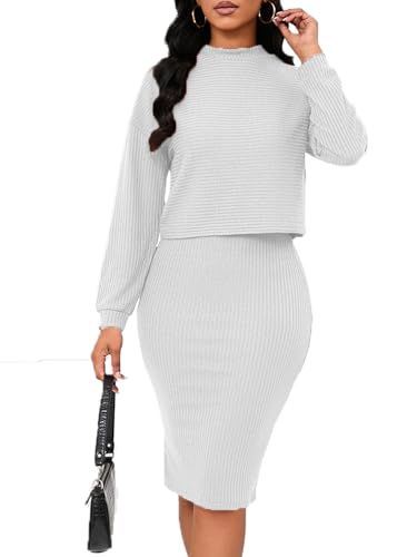 Image of Women's Fall 2 Piece Sweater Set Rib Knit Long Sleeve Bodycon Midi Skirt Casual Winter Outfits