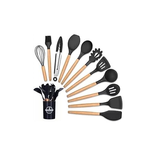 Kit 12 Utensílios De Cozinha Conjunto de Utensílios de Cozinha em Silicone Antiaderentes com cabo de Madeira - Conjunto de Utensílios 12 Peças (Preto)