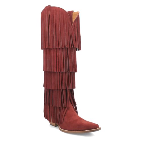 Dingo Womens Wild Child Fringe Snip Toe Pull On Casual Boots Over the Knee Mid Heel 2-3" - Red2