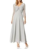 J Kara Women's 3/4 Sleeve V-Neck Beaded Top Long Gown, Silver/Metal/Silver, 6