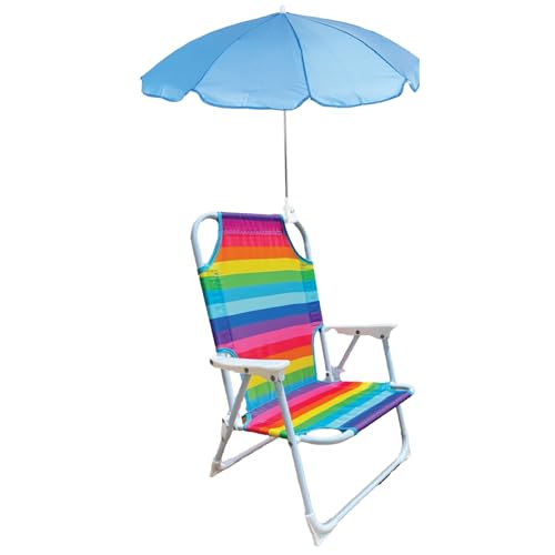 Heritage Kids Outdoor Portable Folding Beach Chair with Umbrella and White Metal Legs, Rainbow Stripe, Ages 3+