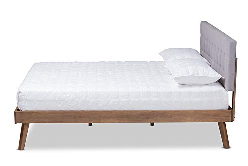 Baxton Studio Devan Mid-Century Modern Light Grey Fabric Upholstered Walnut Brown Finished Wood Full Size Platform Bed #TOP3