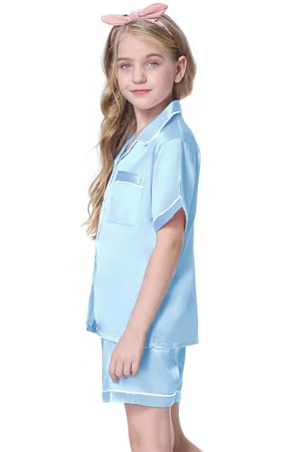 Image of Schbbbta Girls & Women Satin Pajamas Set, 2Piece Silk Nightwear Button-Down Sleepwear for Teen Kids, 3 Years - Women XXL