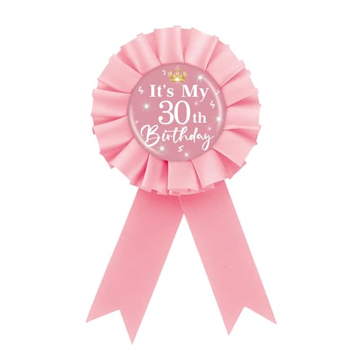 Image of Pink 30th Birthday Rosette Badge Pin, 'It's My 30th' Button Pin, Modern Female Birthday Party Decoration