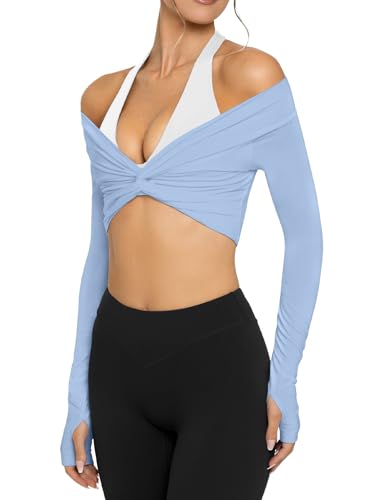 LASLULU Womens Long Sleeve Workout Tops Sexy Off the Shoulder Twist Front Bolero Shrugs Yoga Gym Ballet Wrap Tops Pilates Outfits (Light Blue, X-Small) — view 3
