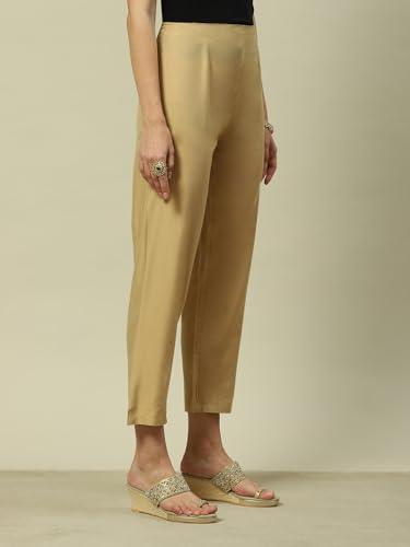 Image of Rangriti Gold Viscose Straight Solid Slim Pants for Women
