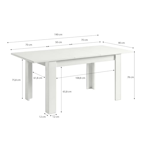 Miniatura 3 de Duehome Mesa De Comedor Extensible, Mesa Rectangular, Modelo Danna, Acabado En Blanco Artik, Medidas: 140-190 Cm Largo X 90 Cm Ancho X 78 Cm Alto