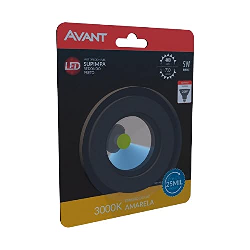 Spot Supimpa LED, 5W, Luz amarela 3000K, Redondo, Preto Fosco, Bivolt, Avant