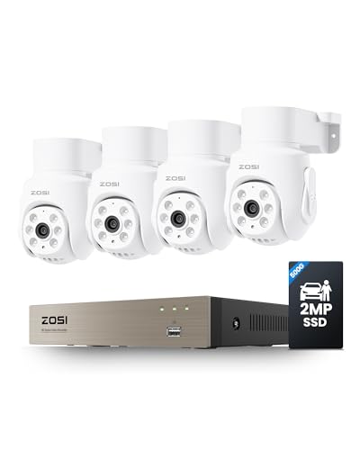 ZOSI 2MP Kit Telecamera di Sorveglianza Cablata con Audio, DVR 8CH 500GB & 4 Telecamere Esterne PTZ TVI, Riconoscimento Persone e Veicoli, Registrazione Audio, Visione Notturna IR