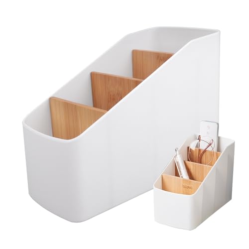 Shuqio Support de Télécommande, Boîte De Rangement De Bureau avec 4 Poches, Amovible Télécommande Compartiments Boîte De Rangement en Bois pour Télécommandes,...