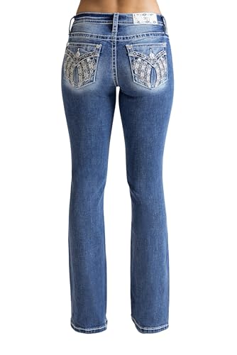Miss Me Women's Aztec Wings Faux Flap Pocket Mid-Rise Bootcut Jeans