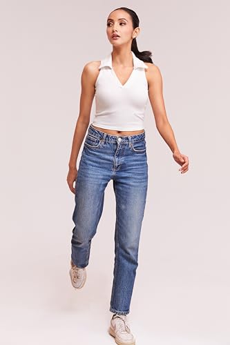 Image of BERRY BIRD Stylish Sleeveless V-Neck Slim Fit Collar Ribbed Knit Tank Crop Tops for Women & Girls Beach and Gym Wear and Western Trendy Fashion