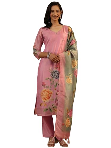 Image of Libas Printed Cotton A Line Kurta With Trouser and Dupatta | daily wear suit