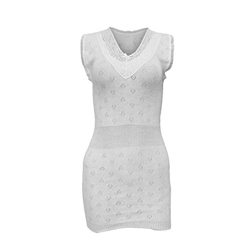 Top Linen (Nw) Ltd Women's Built Up Long Vest Lace V Neck White Snowdrop Thermal Underwear Vest Top - Built Up Broad Shoulder Round Neck Spencer - Made In Uk (Built Up Spencer Long Vest Round Neck White,Medium)