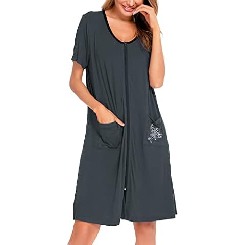 SWOMOG Zipper Front House Coat for Women Short Sleeve Housedress Lightweight Elderly Duster Summer Bathrobe with Pockets Cover
