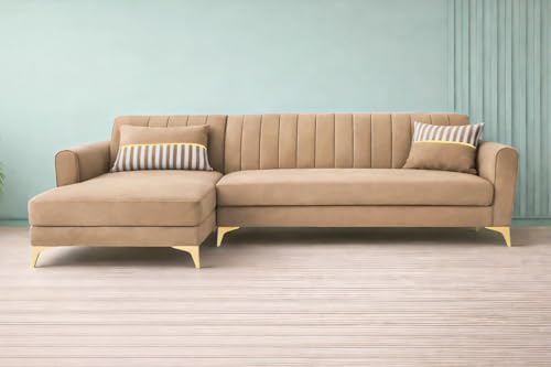 Image of Adorn India Premium Luster 6 Seater L Shape Sofa Set | Velvet Suede Fabric | 3-Year Warranty | LHS |Color Camel with Golden Legs & Striped Pattern Cushion