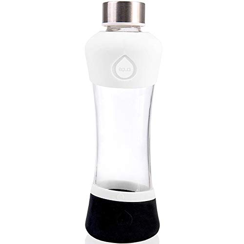 EQUA Active White Glazen fles, drinkfles 550 ml, fles van borosilicaatglas, 0,5 l, glazen fles met siliconen hoes, sportfles, designerfles