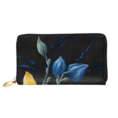 Turquoise Blue Gold Flow Long Leather Wallet,Large Capacity Soft Pu Leather Purse For Women With Multiple Card Slots Phone Pocket And Zipper Coin Purse Stylish Phone Card Holder Clutch