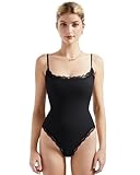 SUUKSESS Women Square Neck Lace Bodysuit Double Lined Sleeveless Spaghetti Strap Tank Top (Black,M)