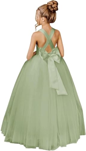 Crossed Straps Flower Girl Dress Satin Long Prom Dress with Bow Puffy Tulle Kids Pageant Dresses for Girls