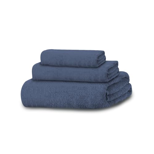 MERCURY TEXTIL- Juego de 3 Toallas 100% Algodón de 450gsm Suaves y Resistentes, 1 Toalla de Baño, 1 Toalla de Mano y 1 Toalla de bidé (Azul Oscuro)