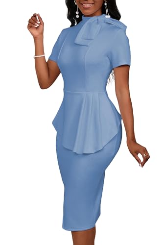 Image of PerZeal Women's Fashion Peplum Bodycon Short Sleeve Work Dresses Bow Club Ruffle Pencil Formal Cocktail Dress