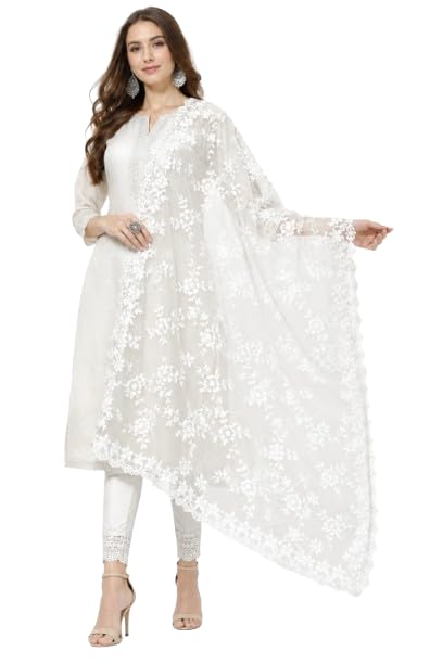 White Embroidery Net Dupatta With Intricate Floral Thread Work Perfect For Weddings Parties Festivals Lightweight Comfortable Stylish Accessory-image-0
