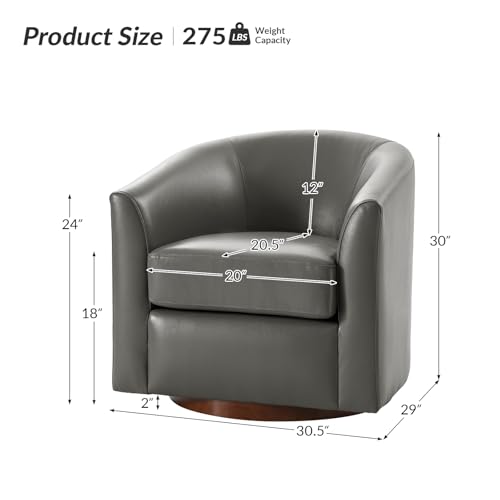 Image of HULALA HOME Genuine Leather Swivel Barrel Chairs Set of 2, Round Swivel Accent Chairs with Solid Wood Base, Leather Barrel Accent Chair for Living Room, No Assembly Required, Grey